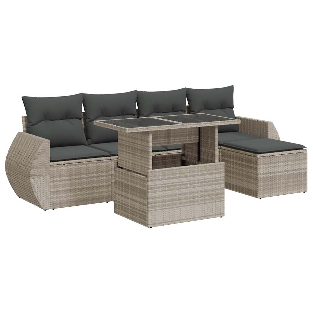 6-delige Loungeset met kussens poly rattan lichtgrijs
