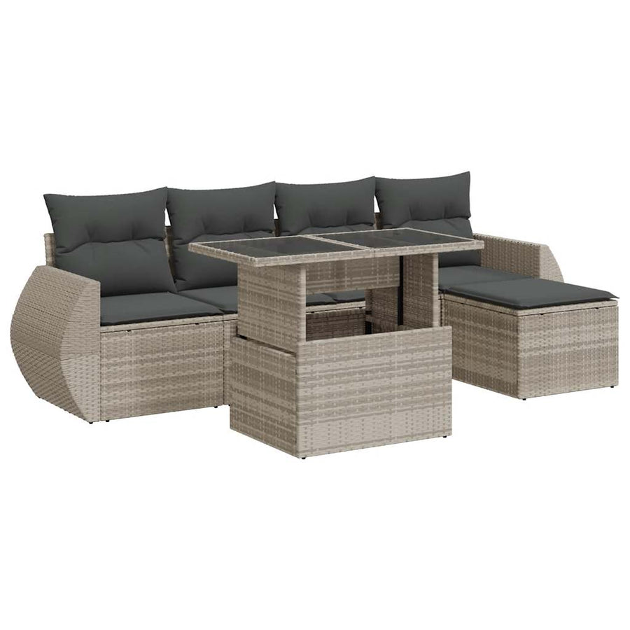 6-delige Loungeset met kussens poly rattan lichtgrijs