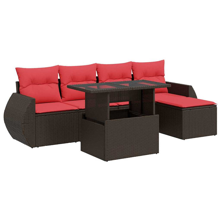 6-delige Loungeset met kussens poly rattan acacia bruin