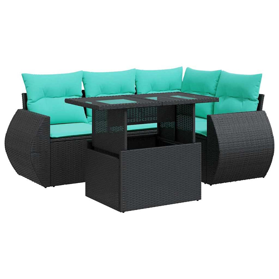 5-delige Loungeset met kussens poly rattan acacia zwart