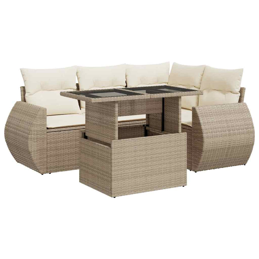 5-delige Loungeset met kussens poly rattan beige
