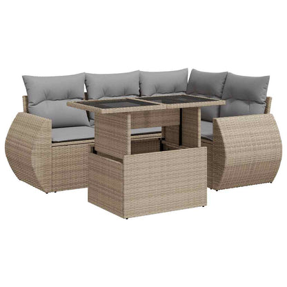 5-delige Loungeset met kussens poly rattan beige