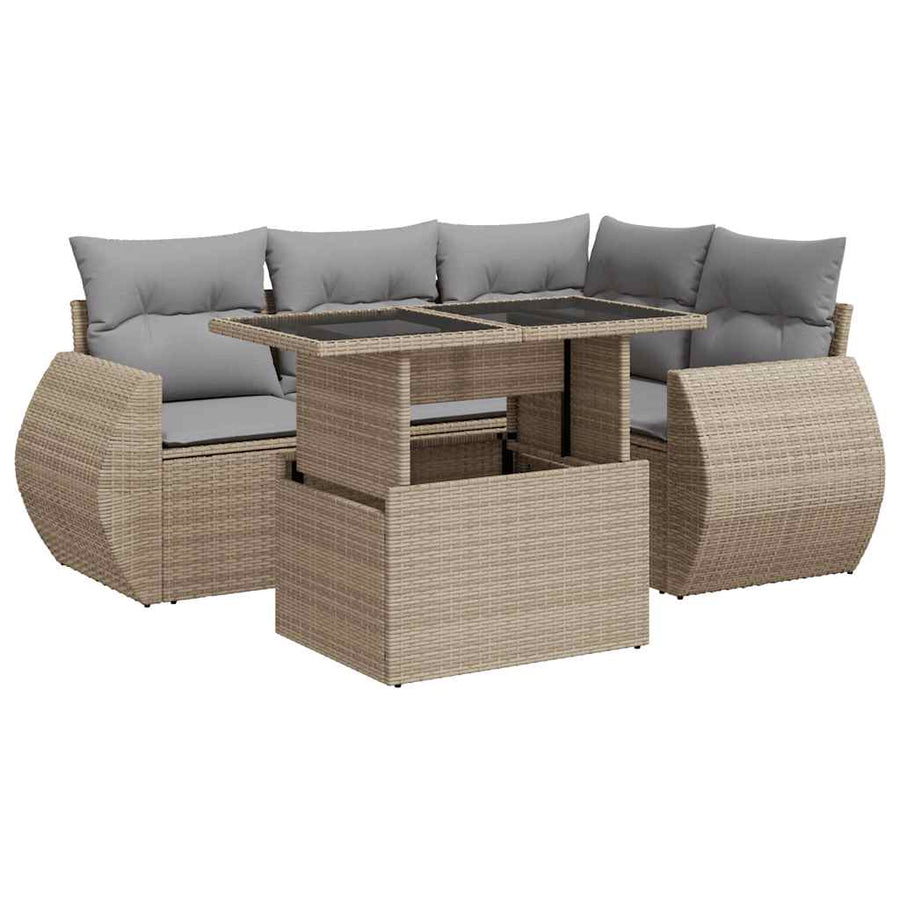 5-delige Loungeset met kussens poly rattan beige