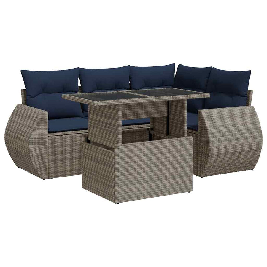 5-delige Loungeset met kussens poly rattan acacia grijs