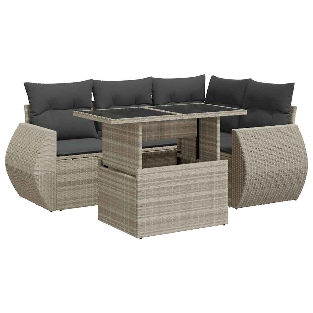 5-delige Loungeset met kussens poly rattan lichtgrijs