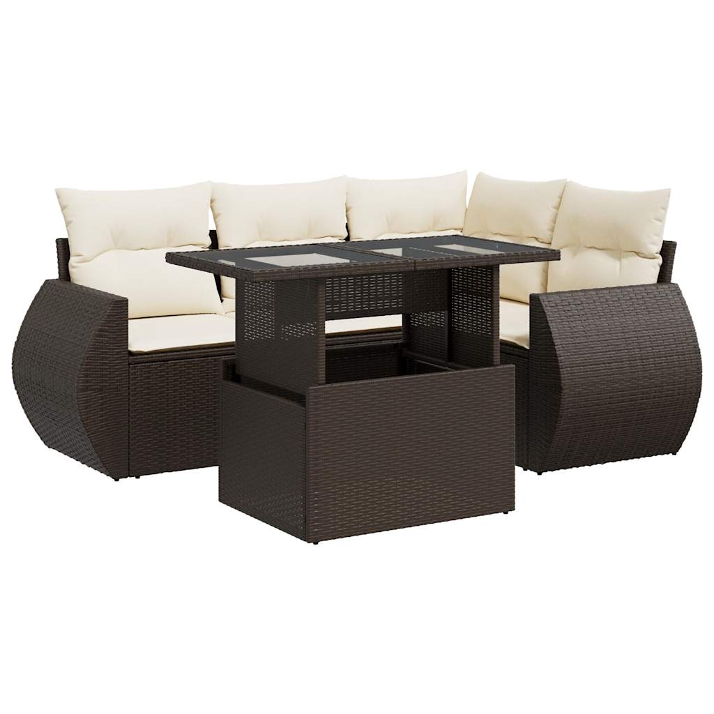 5-delige Loungeset met kussens poly rattan bruin