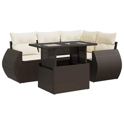 5-delige Loungeset met kussens poly rattan bruin