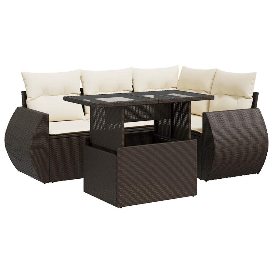 5-delige Loungeset met kussens poly rattan bruin