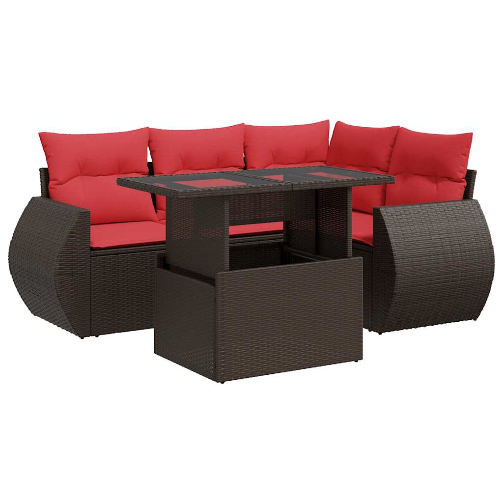 5-delige Loungeset met kussens poly rattan acacia bruin