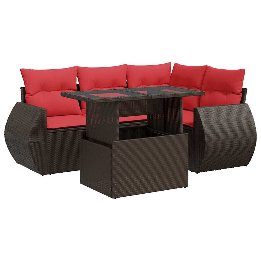 5-delige Loungeset met kussens poly rattan acacia bruin