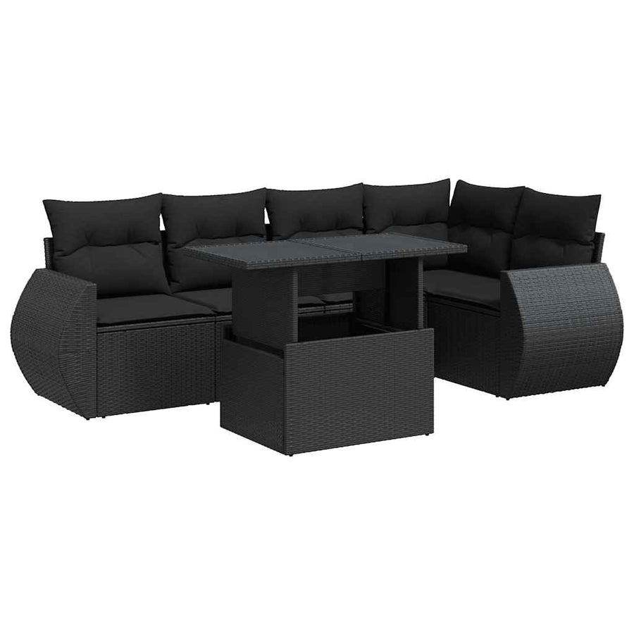 6-delige Loungeset met kussens poly rattan zwart