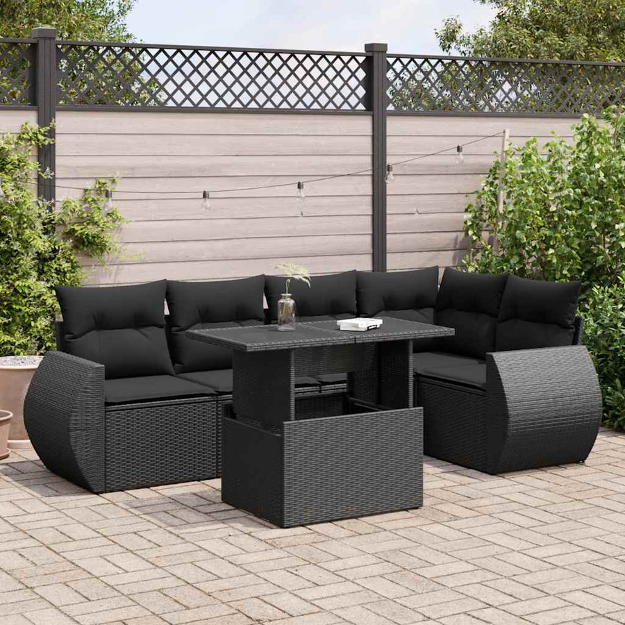 6-delige Loungeset met kussens poly rattan zwart