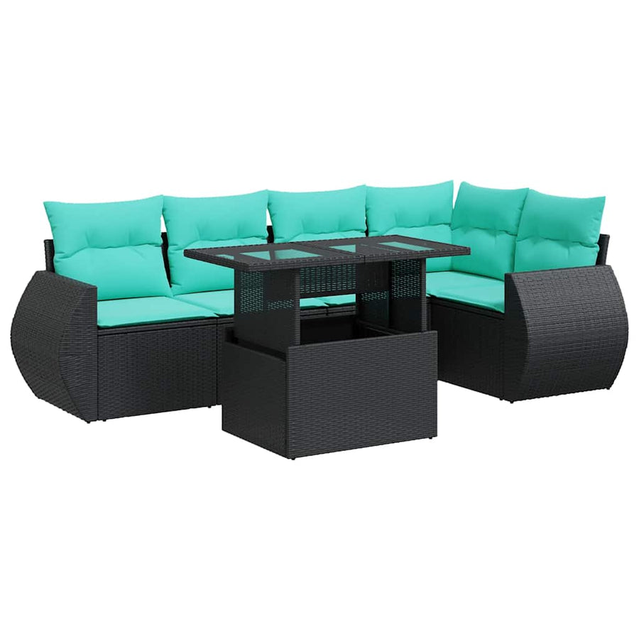 6-delige Loungeset met kussens poly rattan acacia zwart