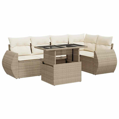 6-delige Loungeset met kussens poly rattan beige