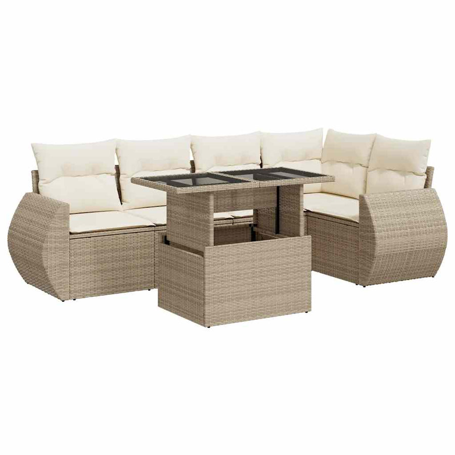 6-delige Loungeset met kussens poly rattan beige