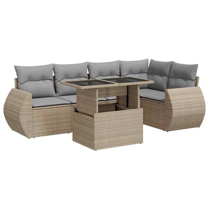 6-delige Loungeset met kussens poly rattan beige