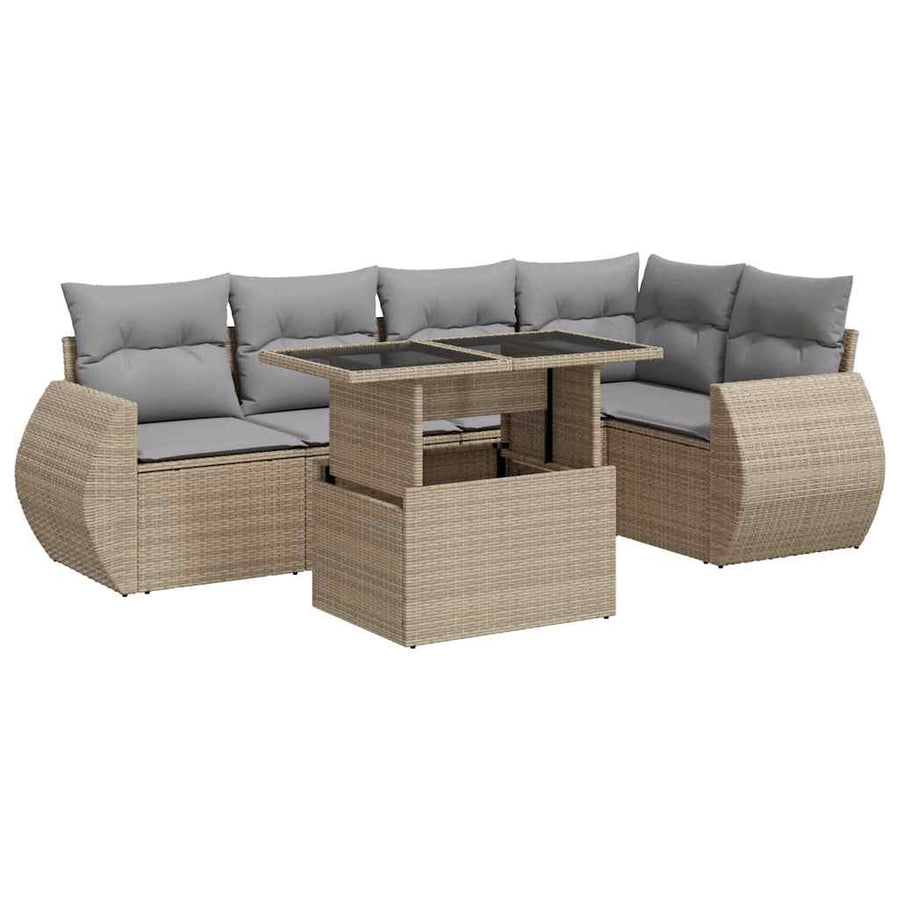 6-delige Loungeset met kussens poly rattan beige