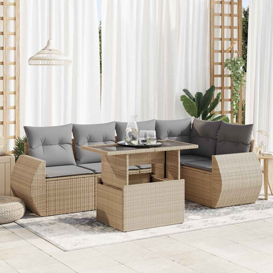 6-delige Loungeset met kussens poly rattan beige