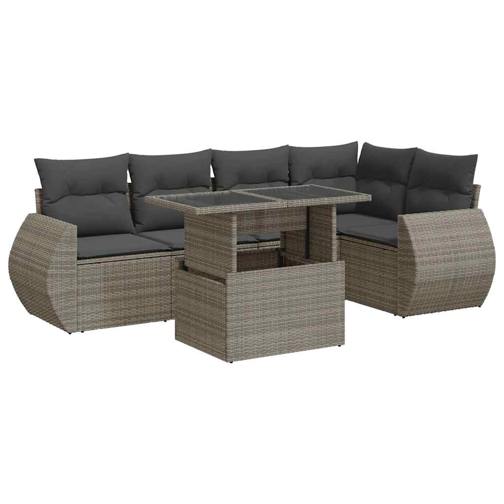 6-delige Loungeset met kussens poly rattan grijs