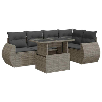 6-delige Loungeset met kussens poly rattan grijs
