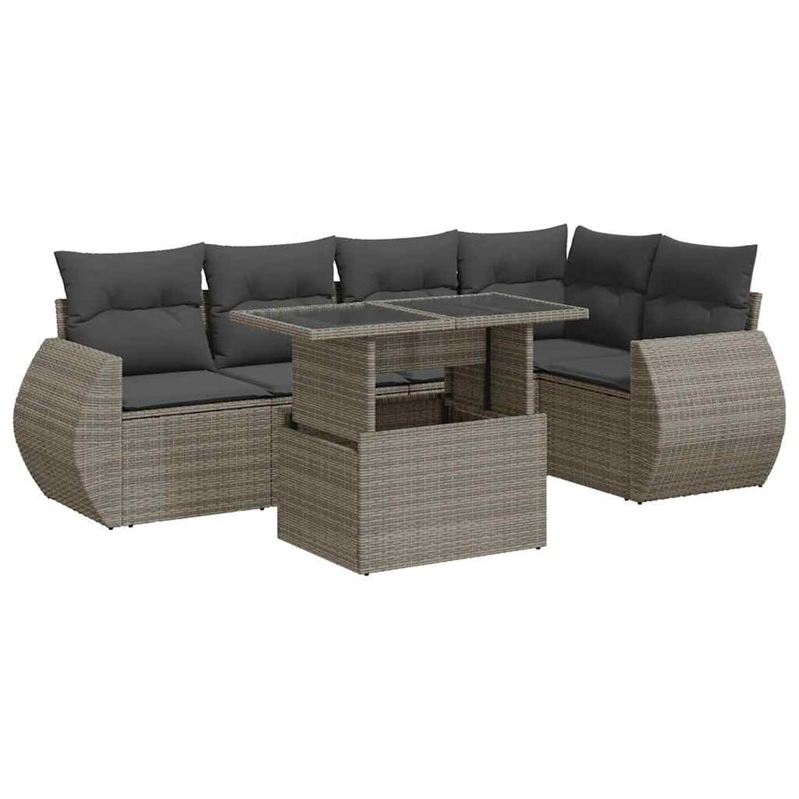 6-delige Loungeset met kussens poly rattan grijs