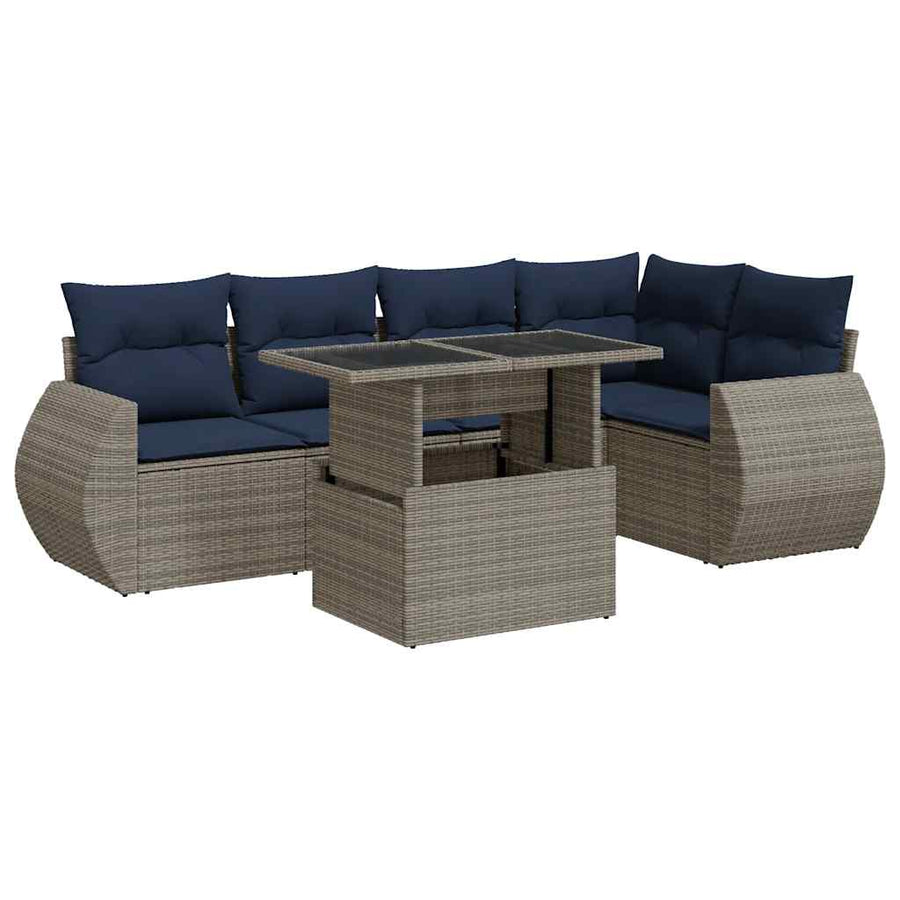 6-delige Loungeset met kussens poly rattan acacia grijs