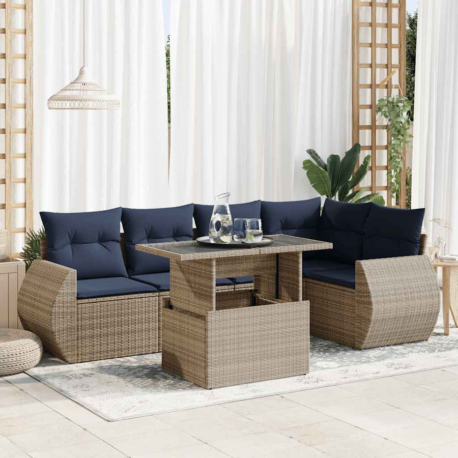 6-delige Loungeset met kussens poly rattan acacia grijs
