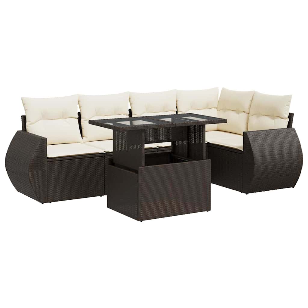6-delige Loungeset met kussens poly rattan bruin