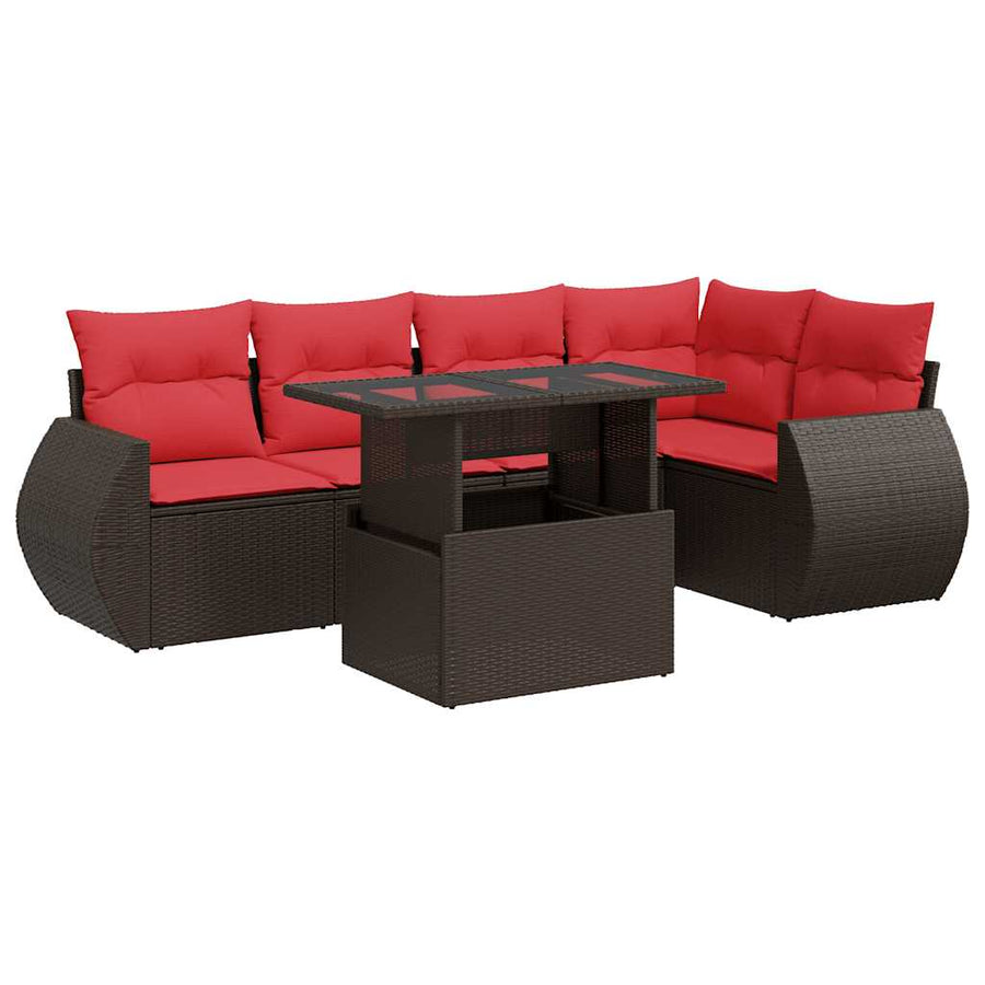 6-delige Loungeset met kussens poly rattan acacia bruin