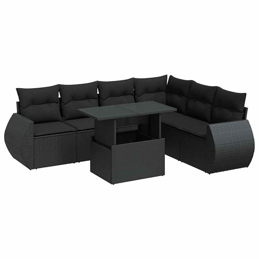 7-delige Loungeset met kussens poly rattan zwart