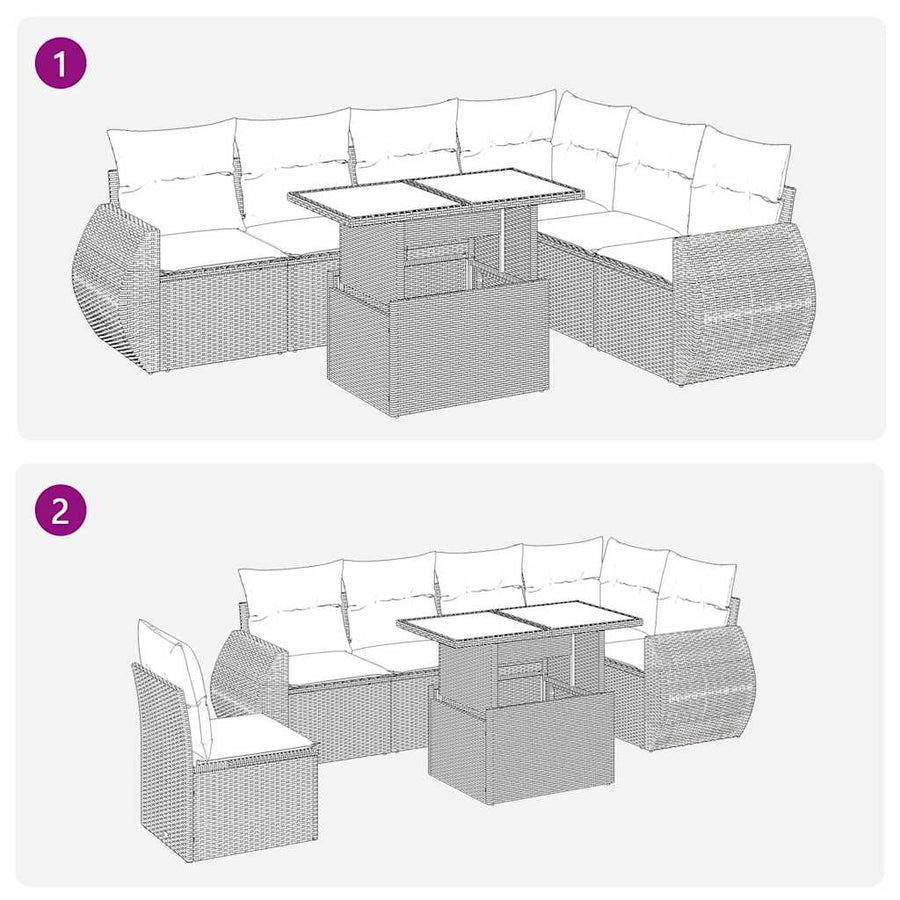7-delige Loungeset met kussens poly rattan zwart