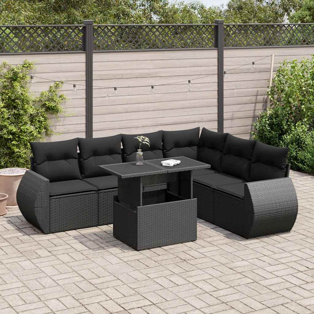 7-delige Loungeset met kussens poly rattan zwart