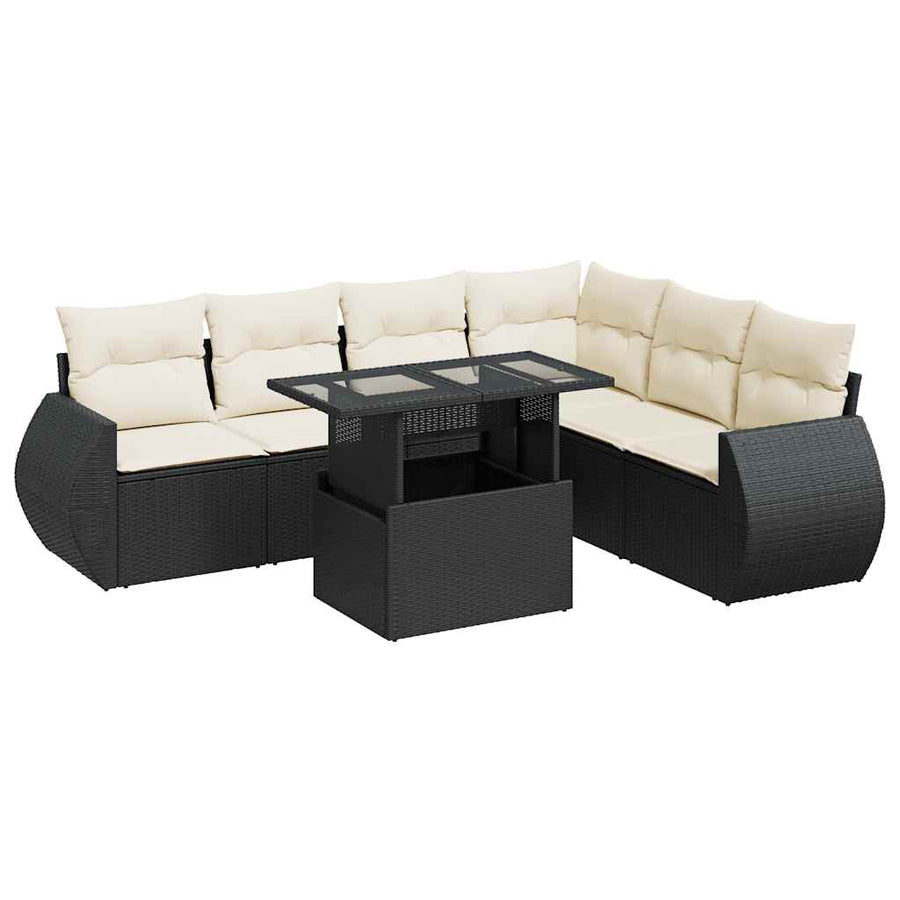 7-delige Loungeset met kussens poly rattan zwart