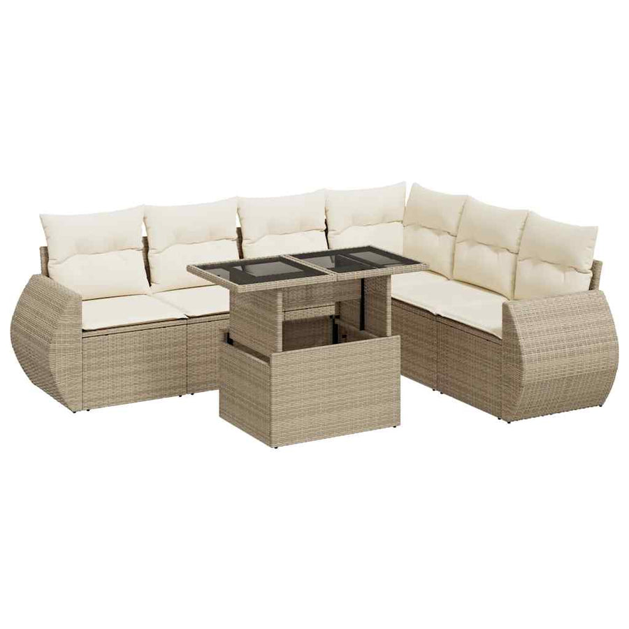 7-delige Loungeset met kussens poly rattan beige