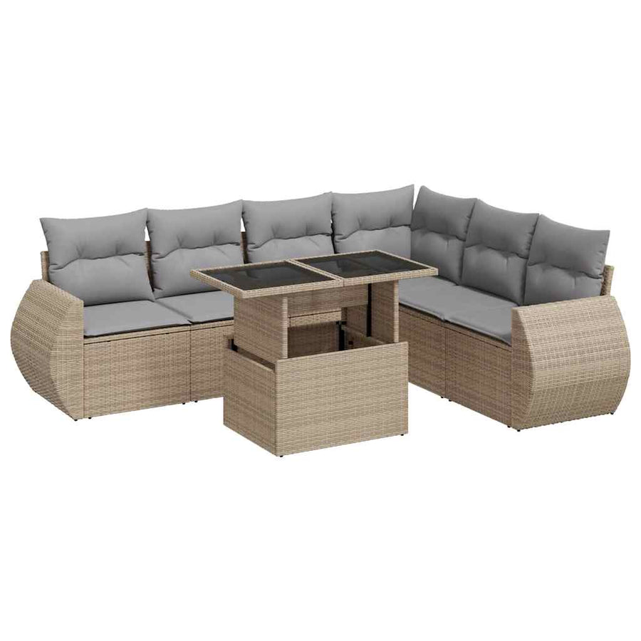 7-delige Loungeset met kussens poly rattan beige