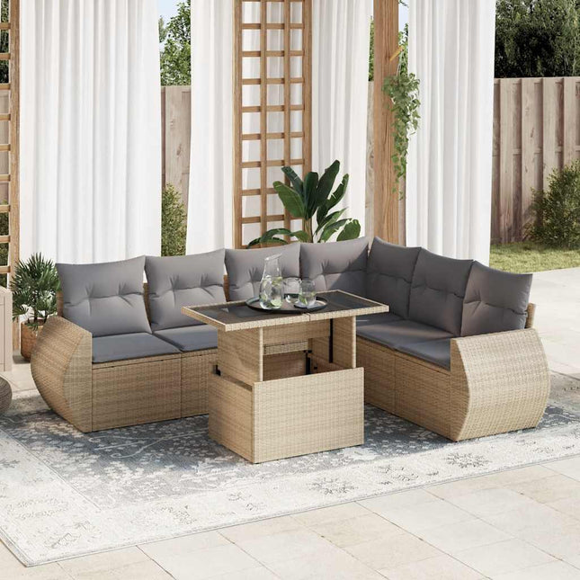 7-delige Loungeset met kussens poly rattan beige