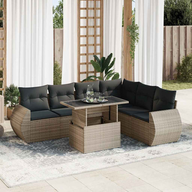 7-delige Loungeset met kussens poly rattan grijs