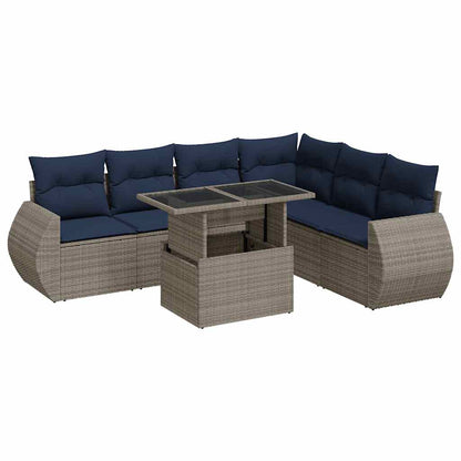7-delige Loungeset met kussens poly rattan acacia grijs