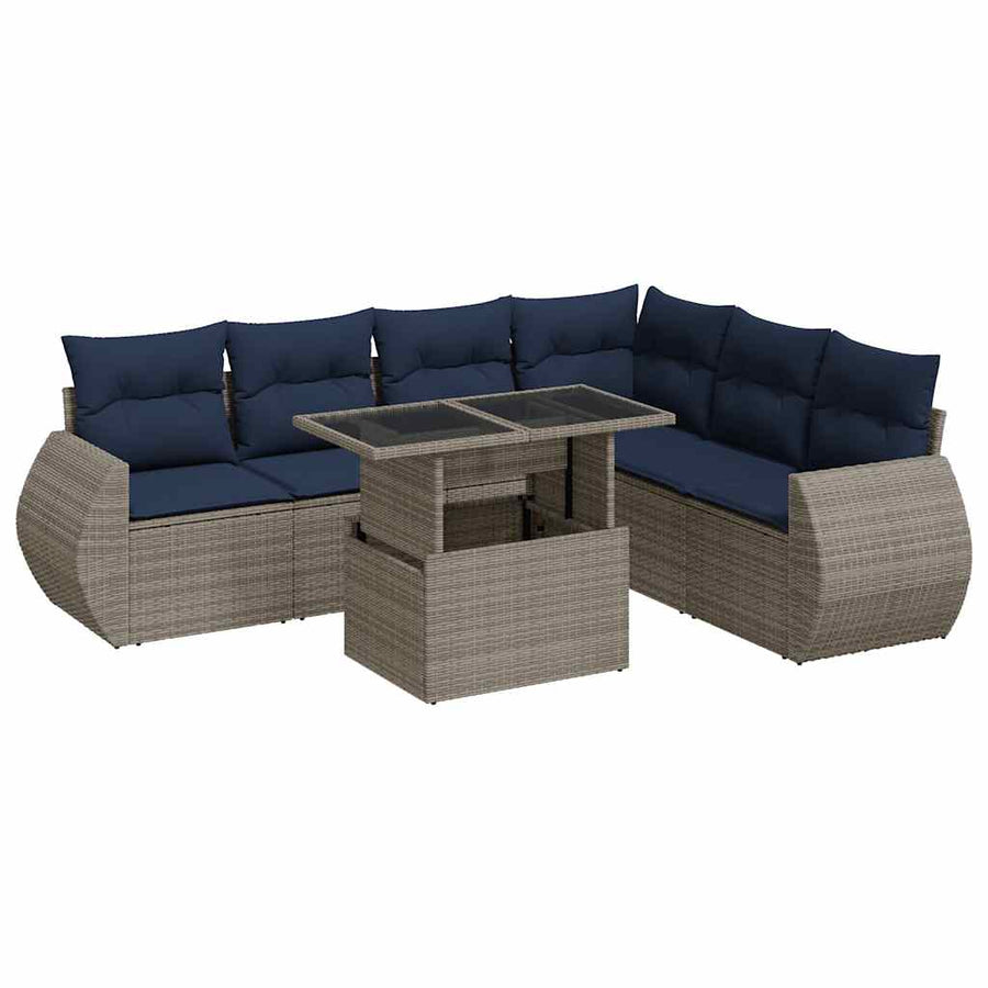 7-delige Loungeset met kussens poly rattan acacia grijs