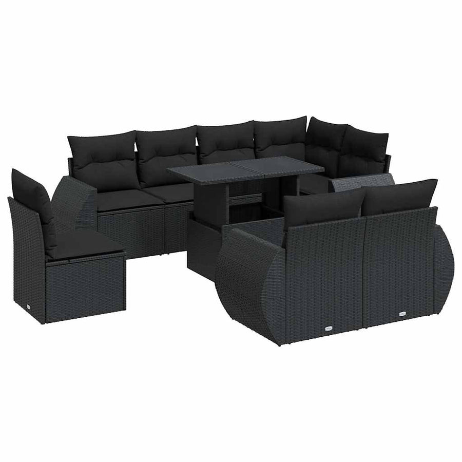 9-delige Loungeset met kussens poly rattan zwart