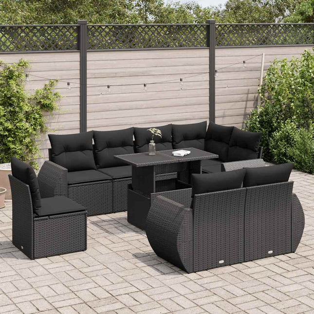 9-delige Loungeset met kussens poly rattan zwart