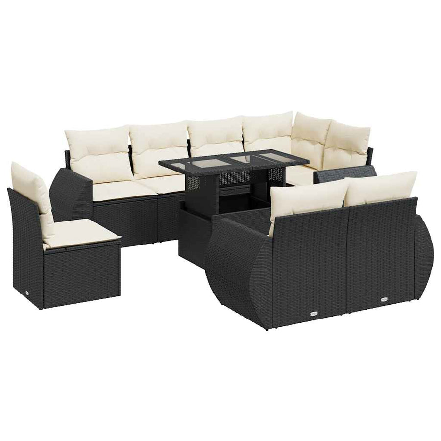 9-delige Loungeset met kussens poly rattan zwart