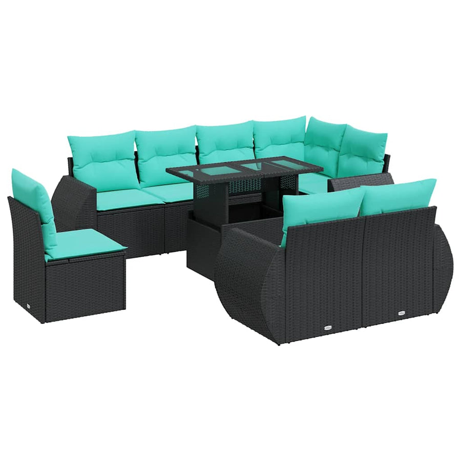9-delige Loungeset met kussens poly rattan acacia zwart