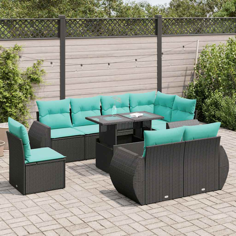9-delige Loungeset met kussens poly rattan acacia zwart