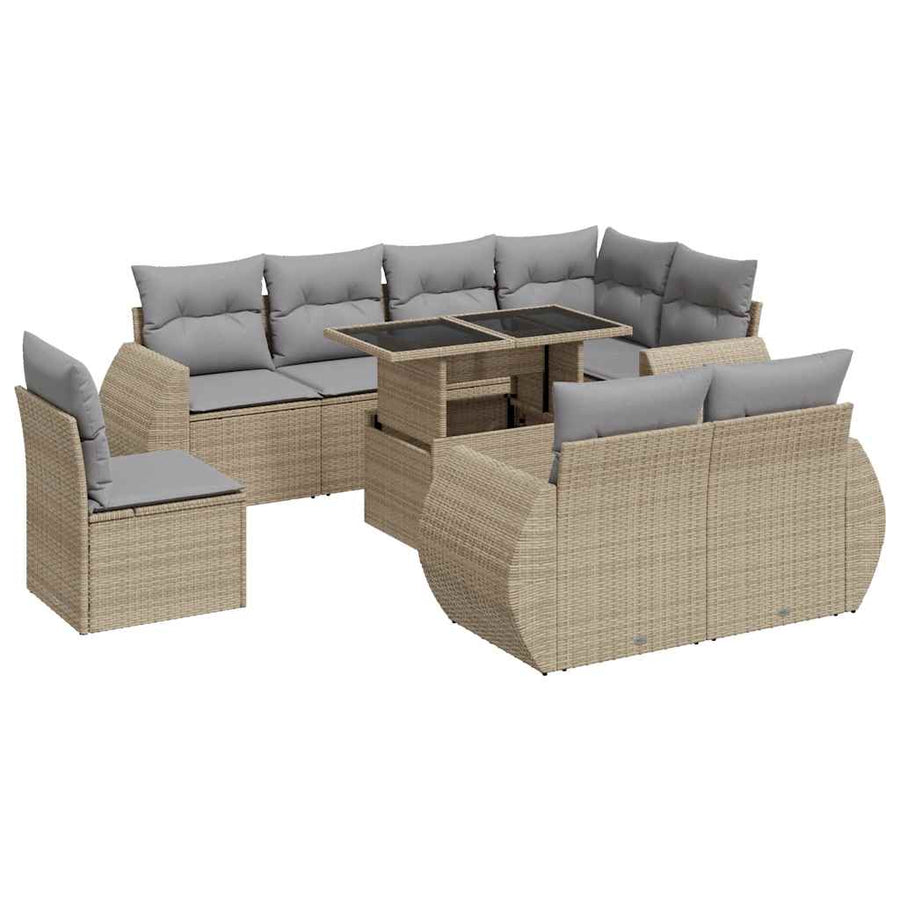 9-delige Loungeset met kussens poly rattan beige