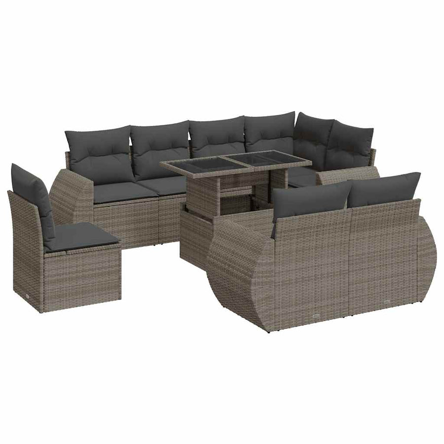 9-delige Loungeset met kussens poly rattan grijs