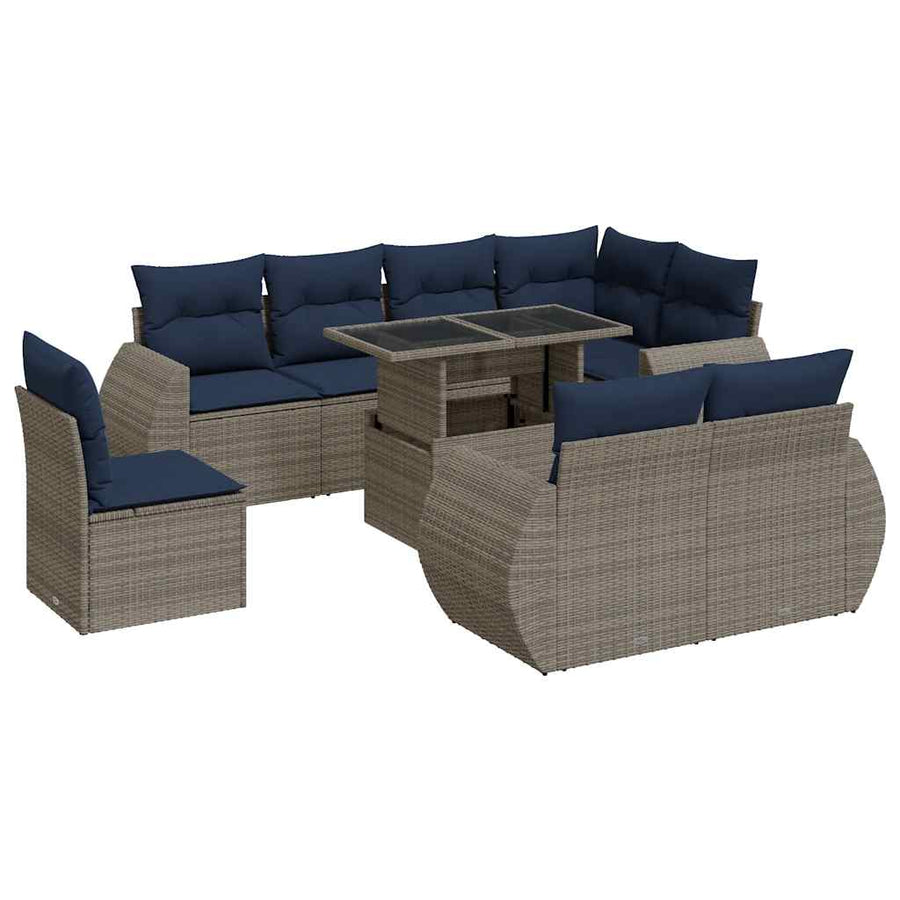 9-delige Loungeset met kussens poly rattan acacia grijs
