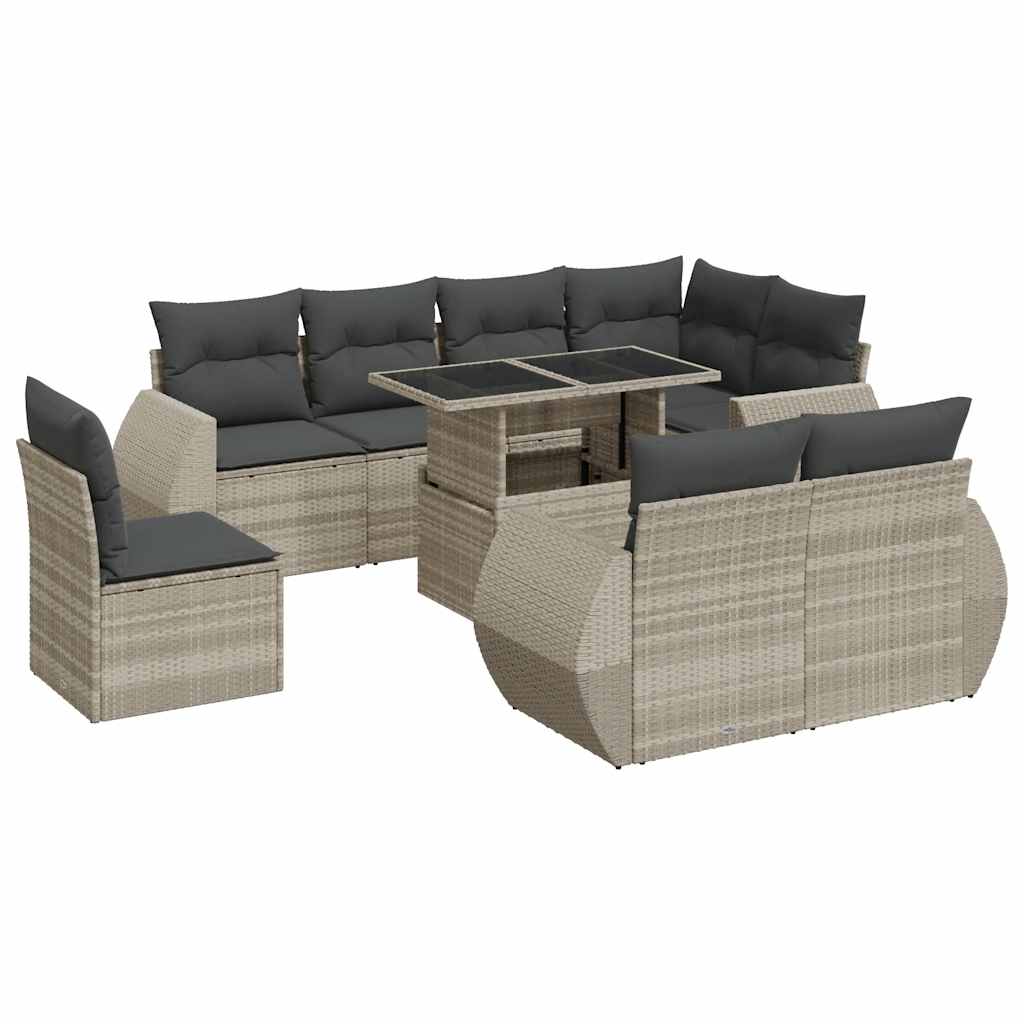 9-delige Loungeset met kussens poly rattan lichtgrijs