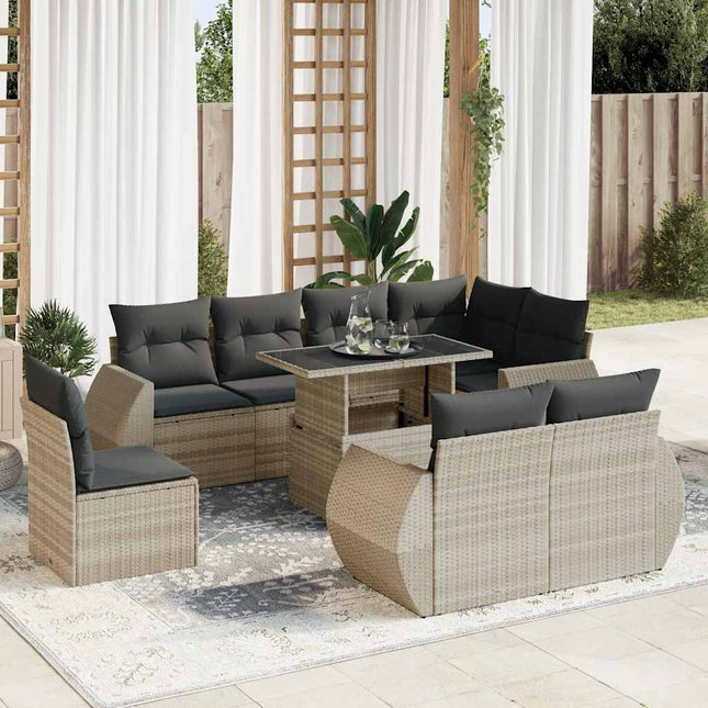 9-delige Loungeset met kussens poly rattan lichtgrijs