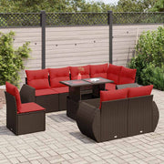 Loungeset 9-delig poly rattan bruin met kussens